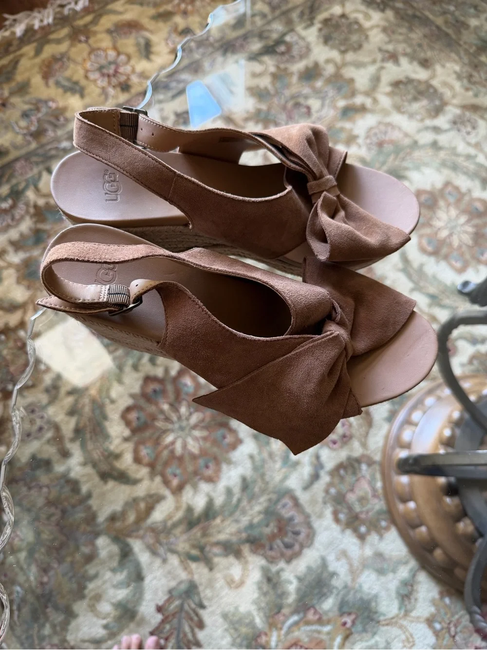 UGG Camilla Chestnut Suede Bow Slingback Wedge Sandals